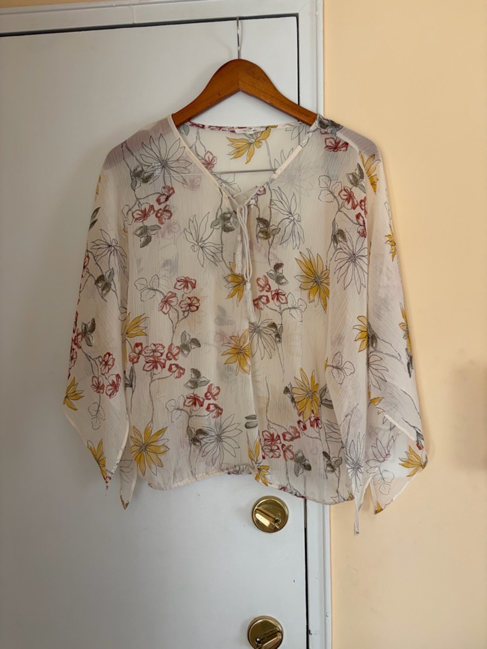 Maurices Sheer Floral Tie-Front Tunic - White with Yellow & Red Flowers